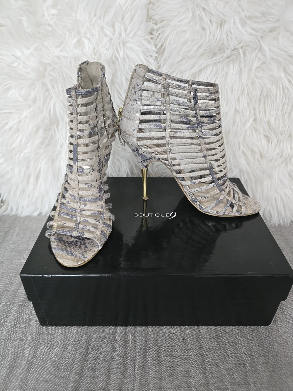 Boutique 9 Snake-Print Strappy High Heel Booties in Beige